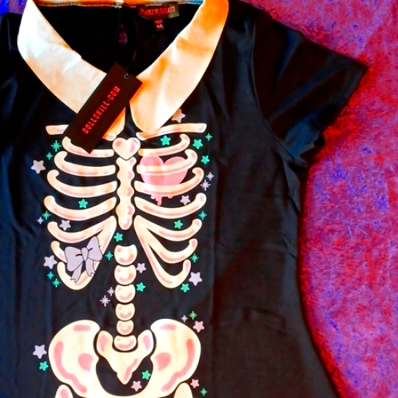 DOLLSKILL 2x TRICKZ N TREATZ BLACK SHORT-SLEEVED BONES MINI DRESS COLLAR - Picture 2 of 15
